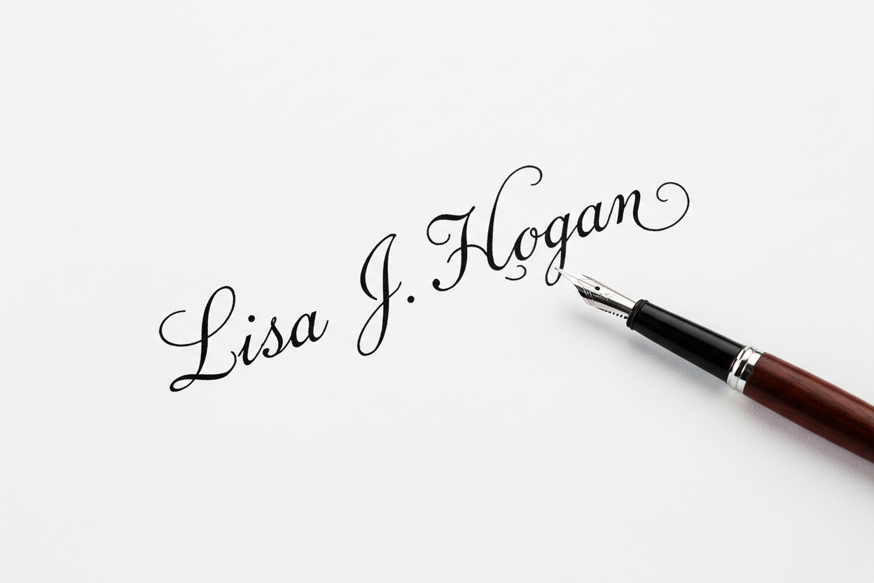 Lisa J Hogan signature with a quill at the end 